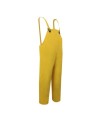 Yellow PVC three-piece rain suit (coat, hood, bib overalls), size large (L).