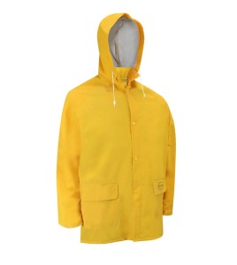 Yellow PVC three-piece rain suit (coat, hood, bib overalls), size large (L).