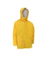 Yellow PVC three-piece rain suit (coat, hood, bib overalls), size large (L).