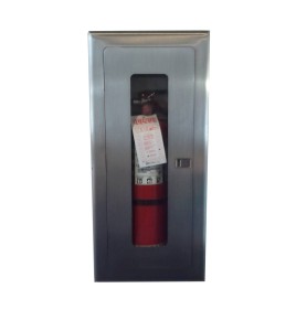 Semi-recessed built-in stainless steel cabinet for 10 lbs powder fire extinguishers. Great for food industry.