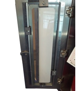 Semi-recessed built-in stainless steel cabinet for 10 lbs powder fire extinguishers. Great for food industry.