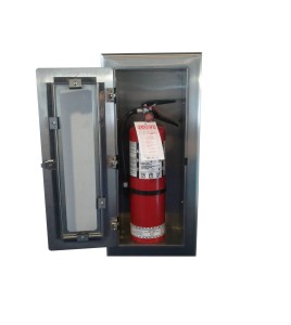 Semi-recessed built-in stainless steel cabinet for 10 lbs powder fire extinguishers. Great for food industry.