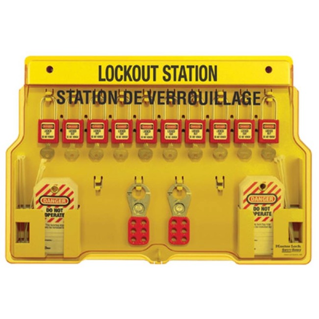 Lockout Station 10 padlocks, 2 hasps and 24 hazard labels do not operate (bilingual).