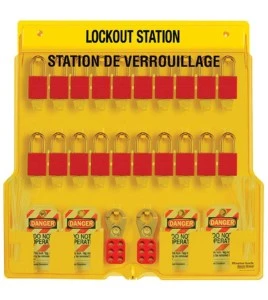 Station de verrouillage avec cadenas stratifiés 20 cadenas, 4 moraillons et 48 étiquettes danger ne pas opérer (bilingue).