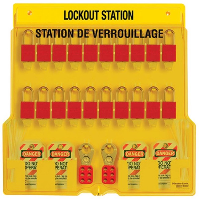 Station de verrouillage avec cadenas stratifiés 20 cadenas, 4 moraillons et 48 étiquettes danger ne pas opérer (bilingue).