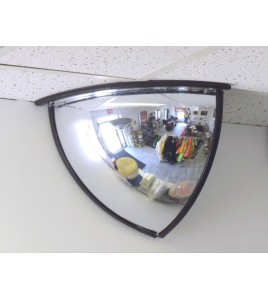 Acrylic quarter dome convex mirror, for installation indoors in a 90-degree corner.