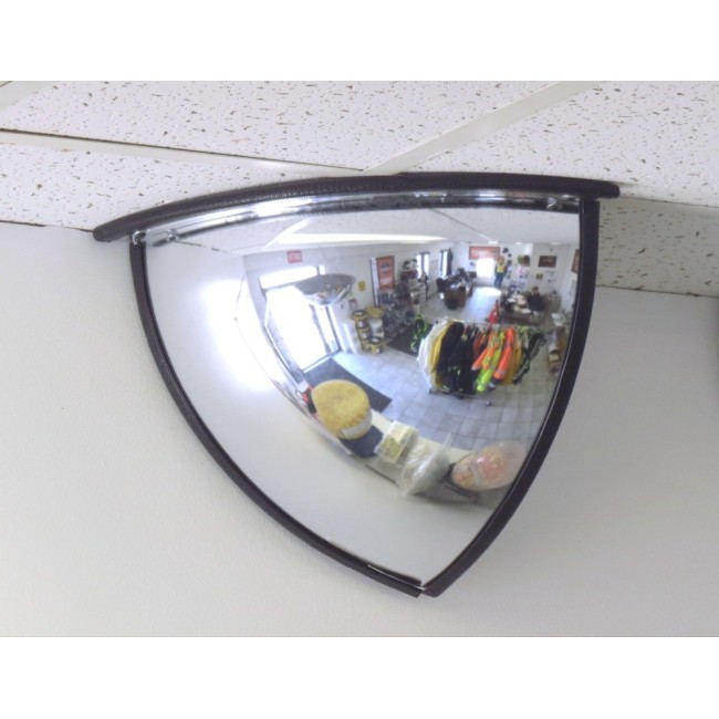 Acrylic quarter dome convex mirror, for installation indoors in a 90-degree corner.