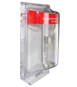 Couvert en polycarbonate transparent pour station d'alarme manuelle avec fils encastrés.