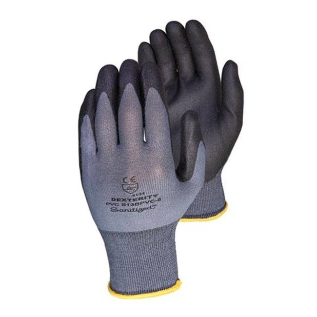 Dexterity® 13-gauge nylon knit gloves with PVC coating on palms and fingers. ASTM/ANSI abrasion level 2. 