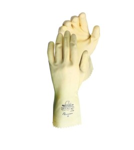 Natural rubber latex unsupported chlorinated textured unflocked safety glove. 12 in long and 18 mils thick.