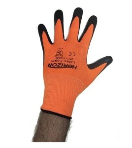 Horizon cost-effective 13-gauge nylon knit gloves with foam latex coating. Mechanical hazards level rating 2121.