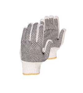 Cost-effective 7-gauge two side PVC dotted polycotton string knit gloves approved by the CFIA. Size: X-small (6) to X-large (10)