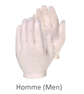 Mens’ inspection gloves, medium-weight unbleached cotton.