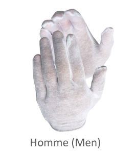 Gants d’inspection en coton mince, couleur blanche, grandeur pour hommes.