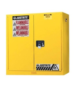 Wall-mounted flammable liquids storage cabinet, 20 US gallons (76 L), FM, NFPA and OSHA-approved.