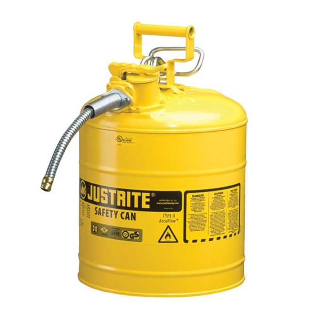 Yellow steel flammable liquids container, type 2, 5 gallons, approved FM, UL, OHSA.