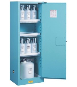 Slim vertical storage cabinet for acid and corrosive liquids. Capacity 22 gallons US (83 L). FM listed.