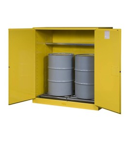 Justrite flammable liquid storage cabinet, capacity 110 gallons.