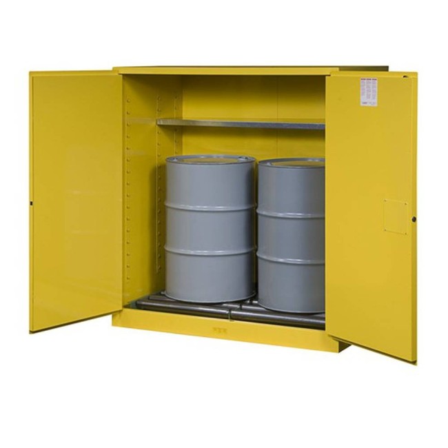 Justrite flammable liquid storage cabinet, capacity 110 gallons.