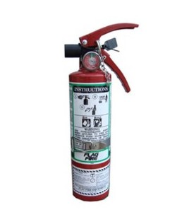 Portable fire extinguisher with FE36, 2.5 lbs, type BC, ULC 2BC, with vehicle hook. Ideal for electronics.