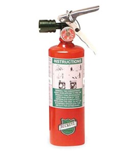 Portable fire extinguisher with Halotron I, 5 lbs, class BC, ULC 5B:C, with vehicle hook.