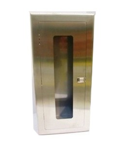 Semi-recessed built-in stainless steel cabinet for 10 lbs powder fire extinguishers. Great for food industry.