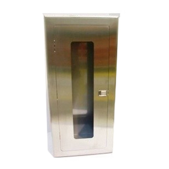 Semi-recessed built-in stainless steel cabinet for 10 lbs powder fire extinguishers. Great for food industry.