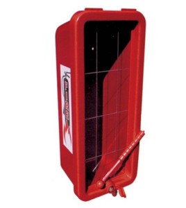 Surface-mounted outdoors plastic cabinet for 10 lbs extinguishers.