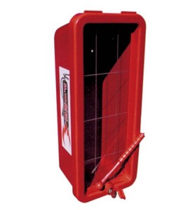 Surface-mounted outdoors plastic cabinet for 20 lbs extinguishers.