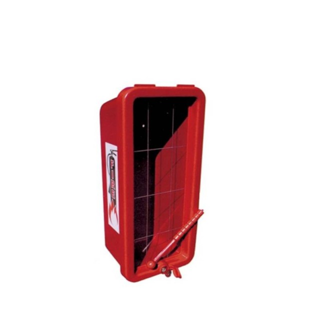 Surface-mounted outdoors plastic cabinet for 5 lbs extinguishers.