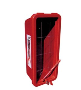 Surface-mounted outdoors plastic cabinet for 10 lbs extinguishers.