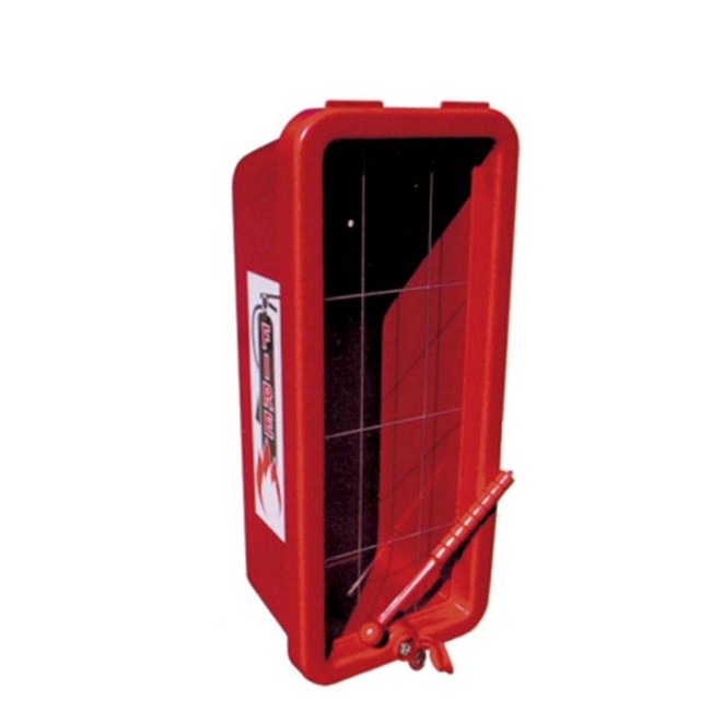 Surface-mounted outdoors plastic cabinet for 10 lbs extinguishers.