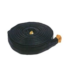 Try-Me heavy-duty double-jacket hose, 1.5 in x 50 ft, polyurethane and polyester with brass coupling.