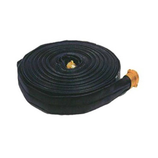 Try-Me heavy-duty double-jacket hose, 1.5 in x 50 ft, polyurethane and polyester with brass coupling.