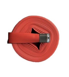 Flashflood 500 industrial double-jacket fire hose made of red synthetic nitrile rubber, 1.5 in x 50 ft, with aluminium coupling.