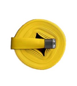 Flashflood 500 industrial double-jacket fire hose, yellow synthetic nitrile rubber, 1.5 in x 50 ft, with aluminium coupling.