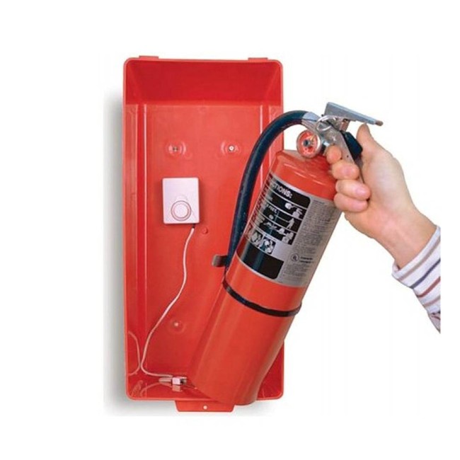 Cabinet alarm for portable fire extinguisher, great for reducing extinguisher theft.