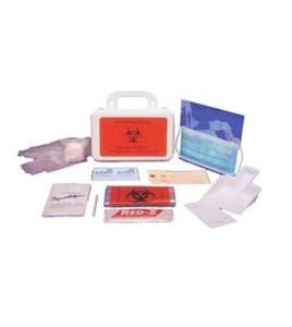 Body fluids clean-up kit in plastic case.