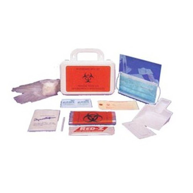 Trousse de nettoyage de liquides corporels en boîte de plastique.