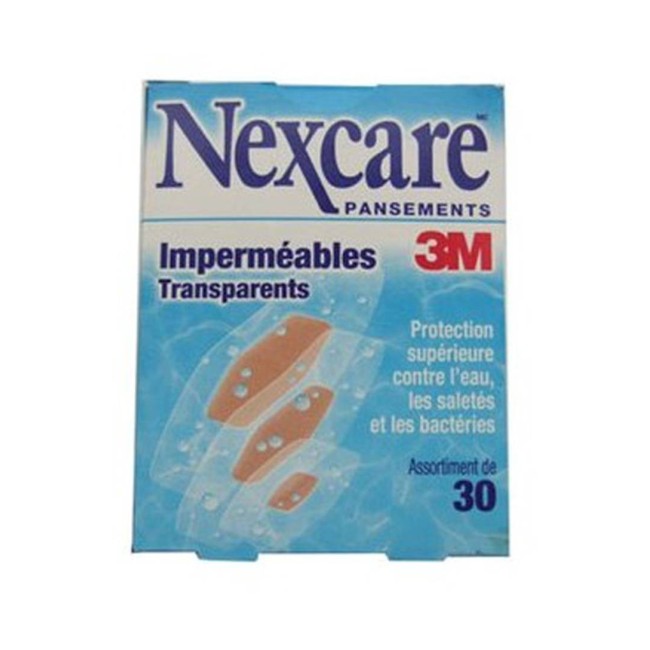 3M Nexcare water-resistant clear bandages, assorted sizes, 30/box.