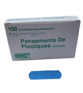 Blue plastic detectable bandages, 2.5 x 7.5 cm (1 x 3 in), 100/box.