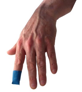 Blue fabric detectable bandages for fingertips, 4.4 x 7.5 cm (1 7/8 x 3 in), 50/box.