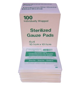 Sterile gauze pads, 4 x 4 in, 100/box.