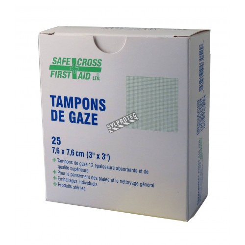 Tampons de gaze stériles, 3 x 3 po, 25/bte.