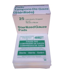 Sterile gauze pads, 3 x 3 in, 25/box.