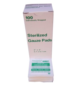 Sterile gauze pads, 2 x 2 in, 100/box.