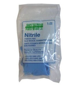 Powder-free 4 mils nitrile medical class 2 gloves for first aid kits. Large one-size-fits-all. Sold in pairs.