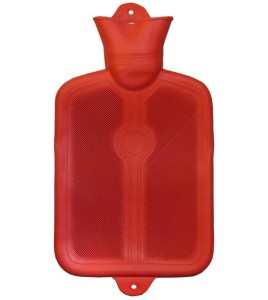 Red rubber hot water bottle for heat therapy, capacity 2 liters (0.55 US gallons).