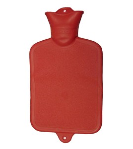 Red rubber hot water bottle for heat therapy, capacity 2 liters (0.55 US gallons).