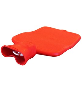 Red rubber hot water bottle for heat therapy, capacity 2 liters (0.55 US gallons).